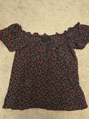 Reformation Black Floral Off-Shoulder Tunic with Rust and Teal Flowers